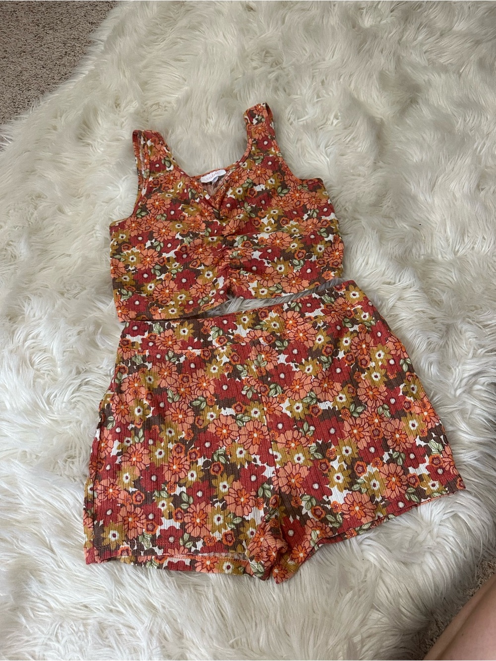 Colsie Orange Floral Ribbed Tank and Shorts Set